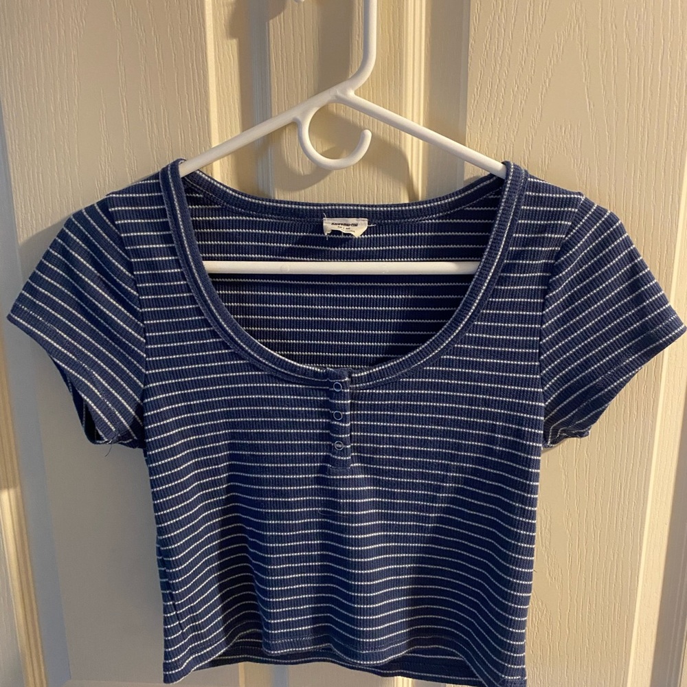 Cotton On Navy and White Ribbed Striped Crop Top